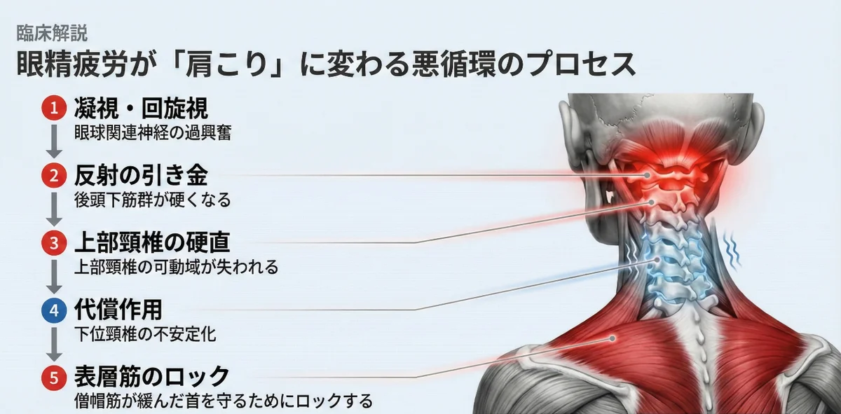 眼精疲労からくる首・肩凝りに目の反射を利用した調整